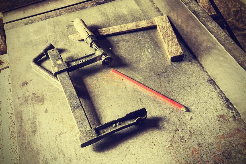 Carpentry tools on a workshop bench